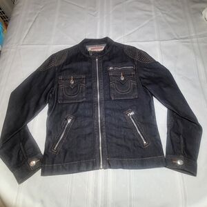 True Religion Moto Jacket Mens XL Jean World Tour Dark Wash Orange Stitching